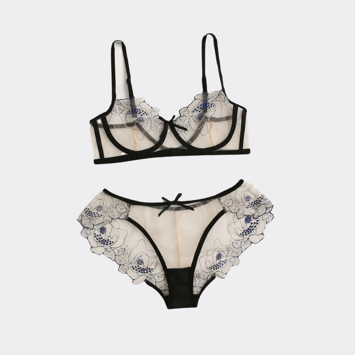 Floral Sheer Embroidery Lingerie Set - Navy Blue