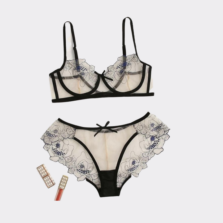 Floral Sheer Embroidery Lingerie Set - Navy Blue