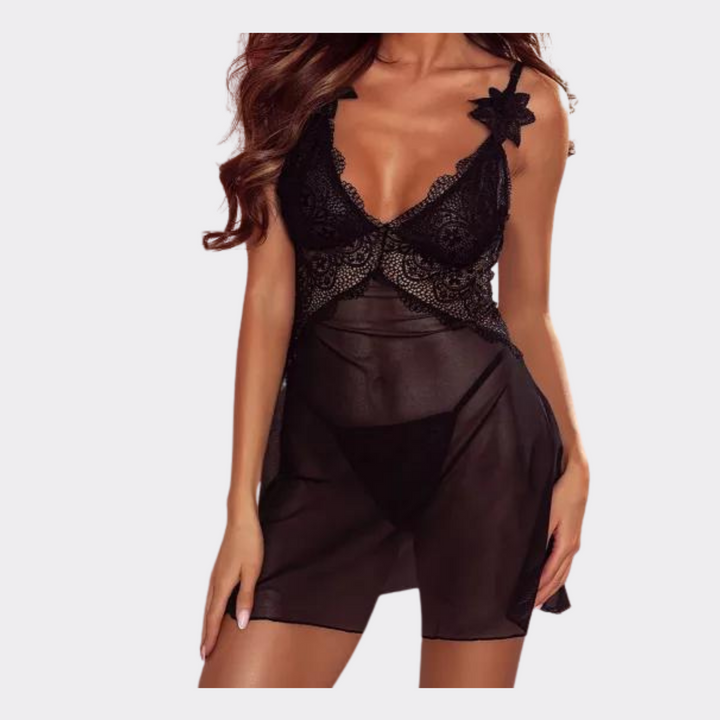 Lace Mesh Babydoll Lingerie Set - Black