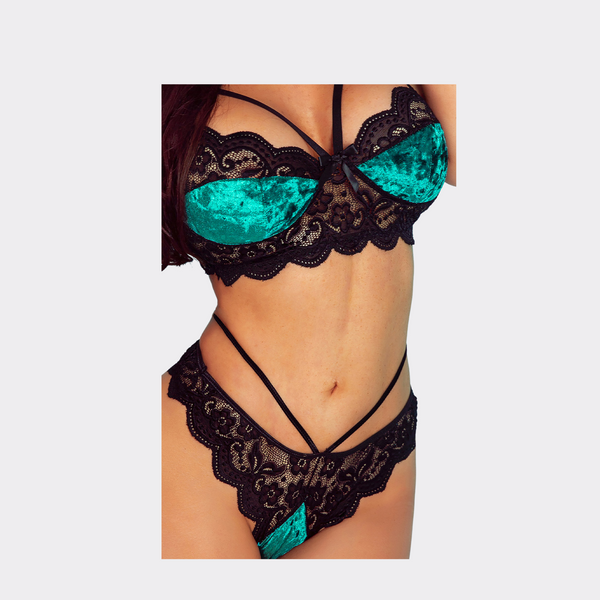 Strappy Lace Bralette Lingerie Set - Green