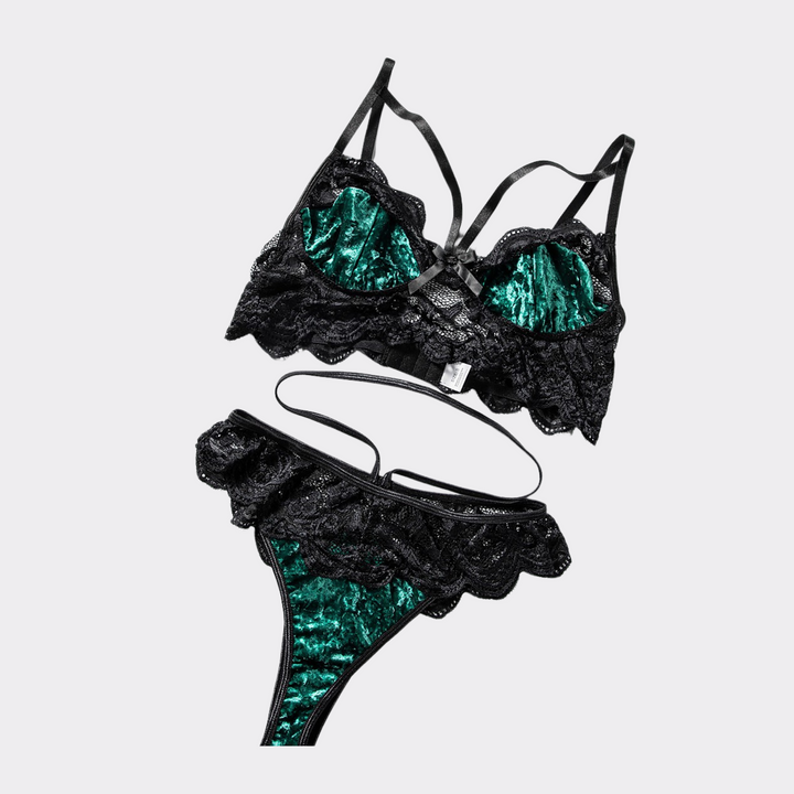 Strappy Lace Bralette Lingerie Set - Green