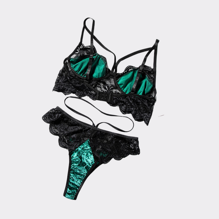 Strappy Lace Bralette Lingerie Set - Green