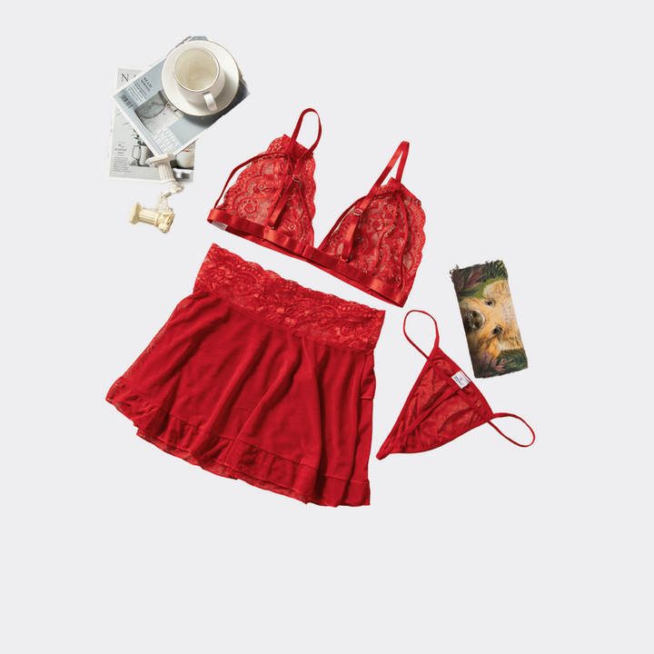 Lace Ruffled 3pcs Mesh Lingerie Set - Red