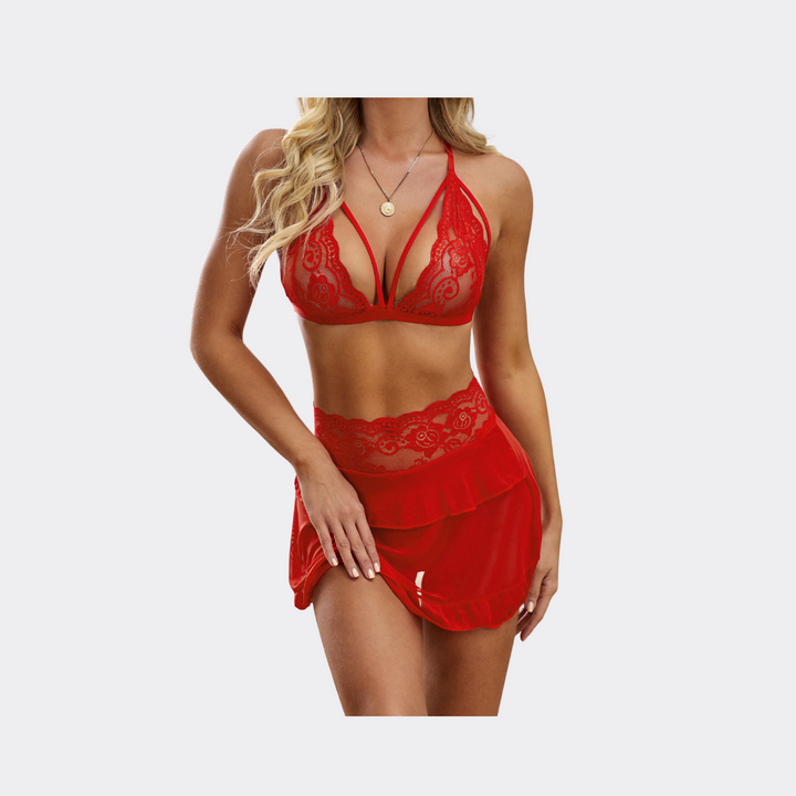 Lace Ruffled 3pcs Mesh Lingerie Set - Red