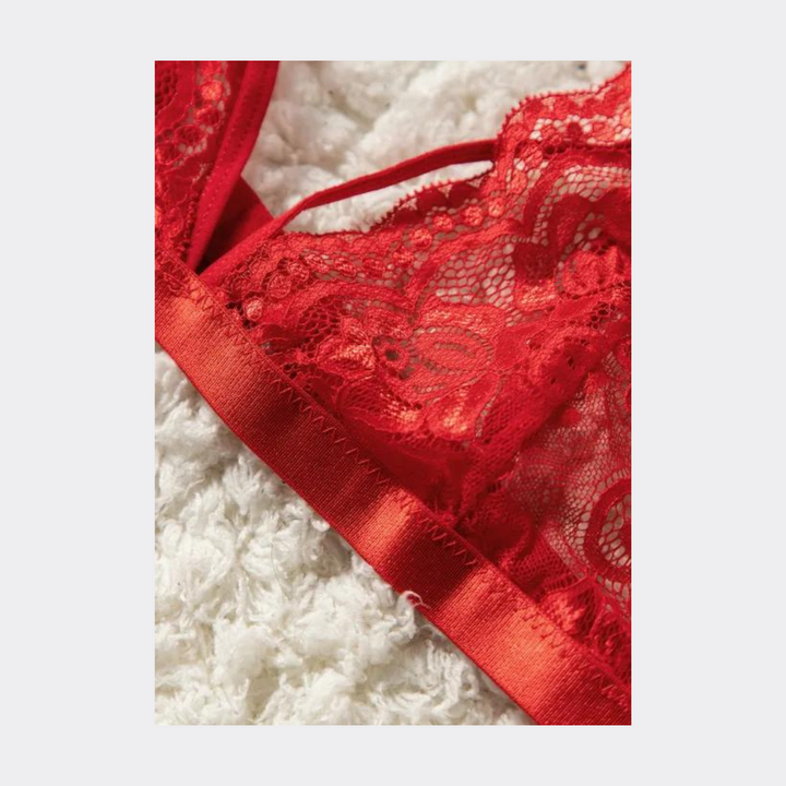 Lace Ruffled 3pcs Mesh Lingerie Set - Red