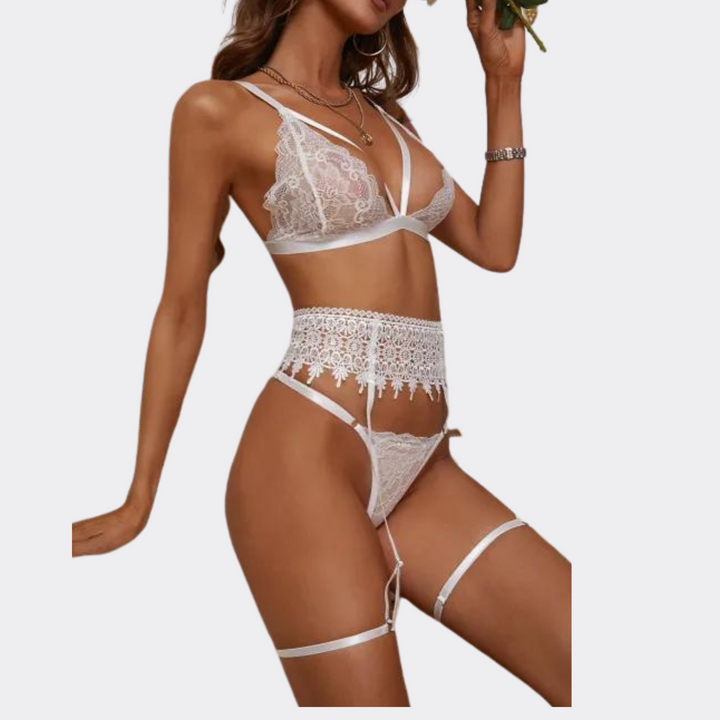 Three-piece Lace Bra & Panty Garter Sets - White