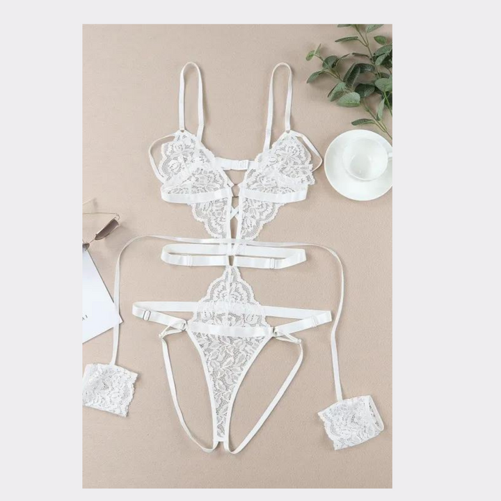 Strappy Lace Sexy Lingerie With Wrist Bands - White