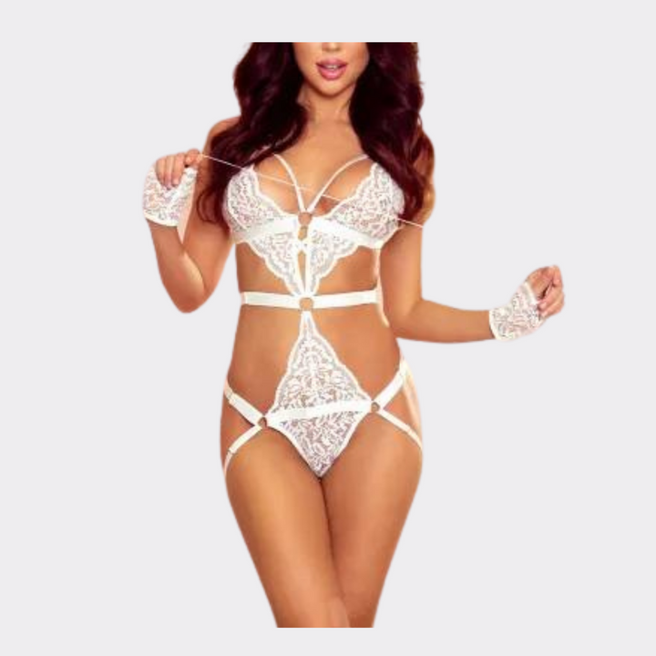 Strappy Lace Sexy Lingerie With Wrist Bands - White