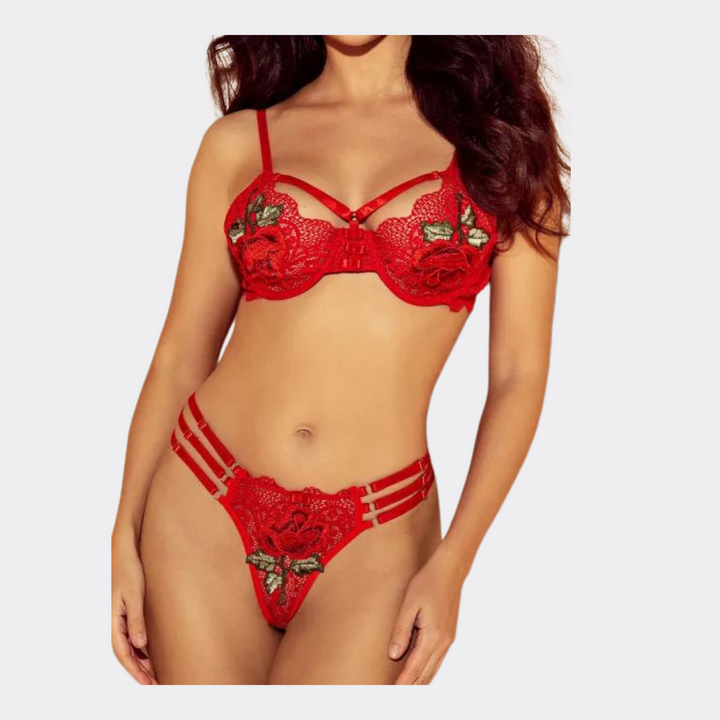 Embroidery Floral Lace Lingerie Set - Red