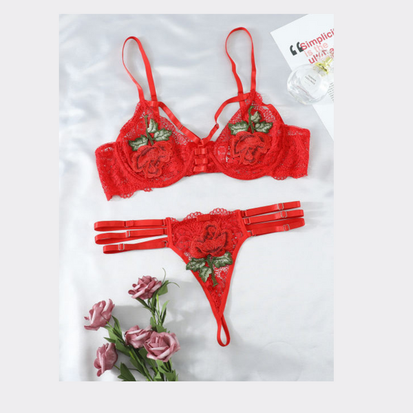 Embroidery Floral Lace Lingerie Set - Red