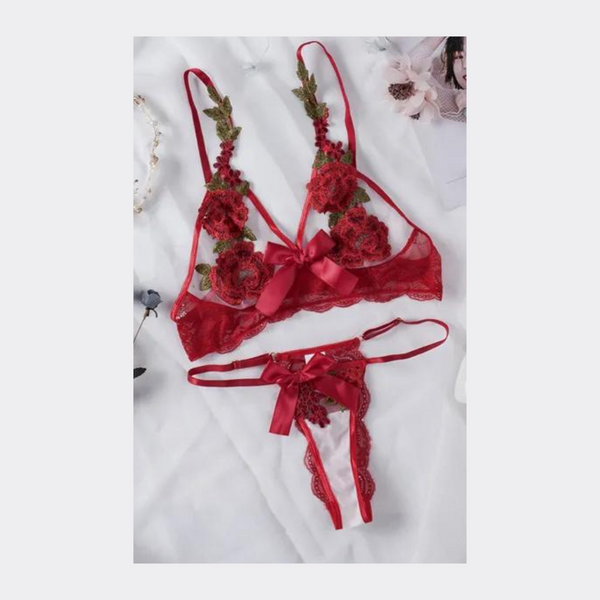 Flowers Bow Sexy Babydoll Lingerie Set - Red