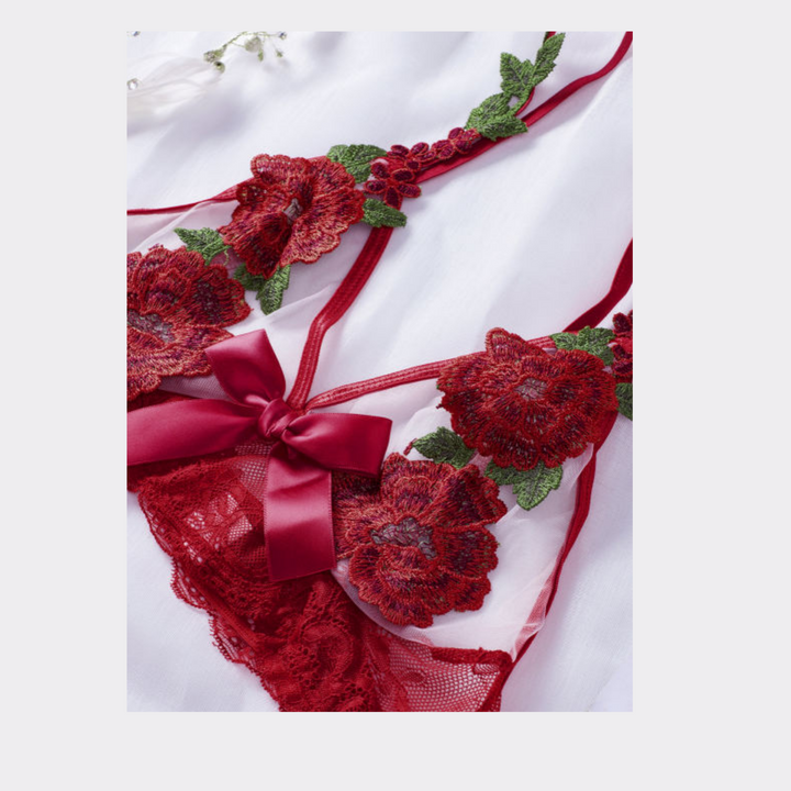 Flowers Bow Sexy Babydoll Lingerie Set - Red