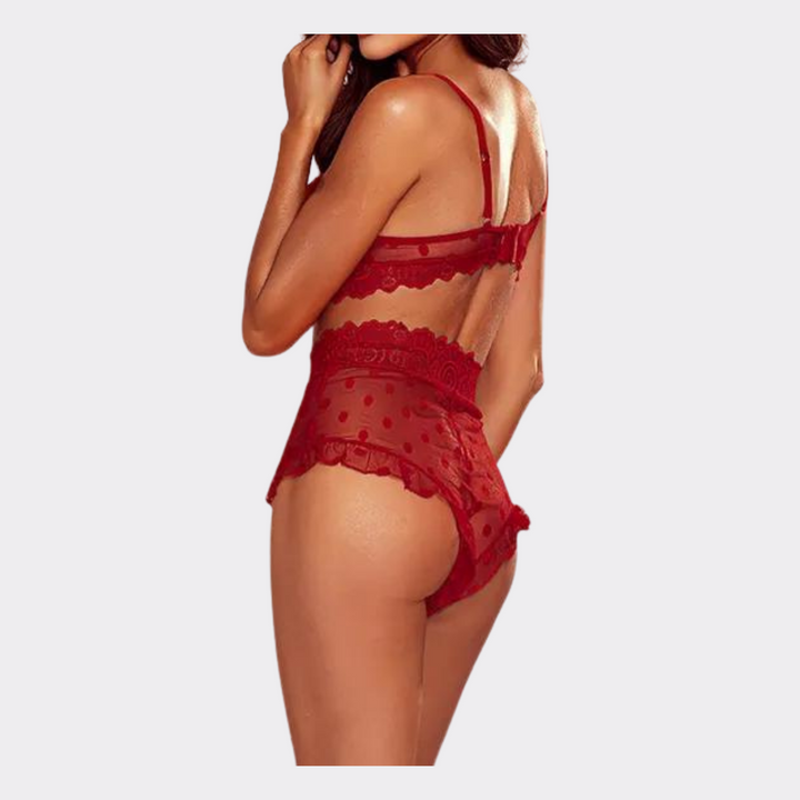 Sheer Lace Polka Dot Lingerie Set - Red