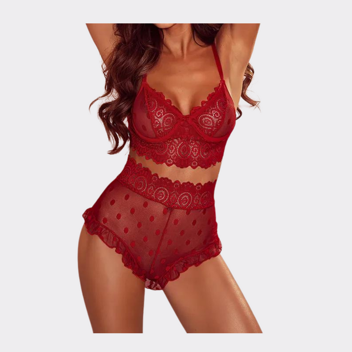 Sheer Lace Polka Dot Lingerie Set - Red