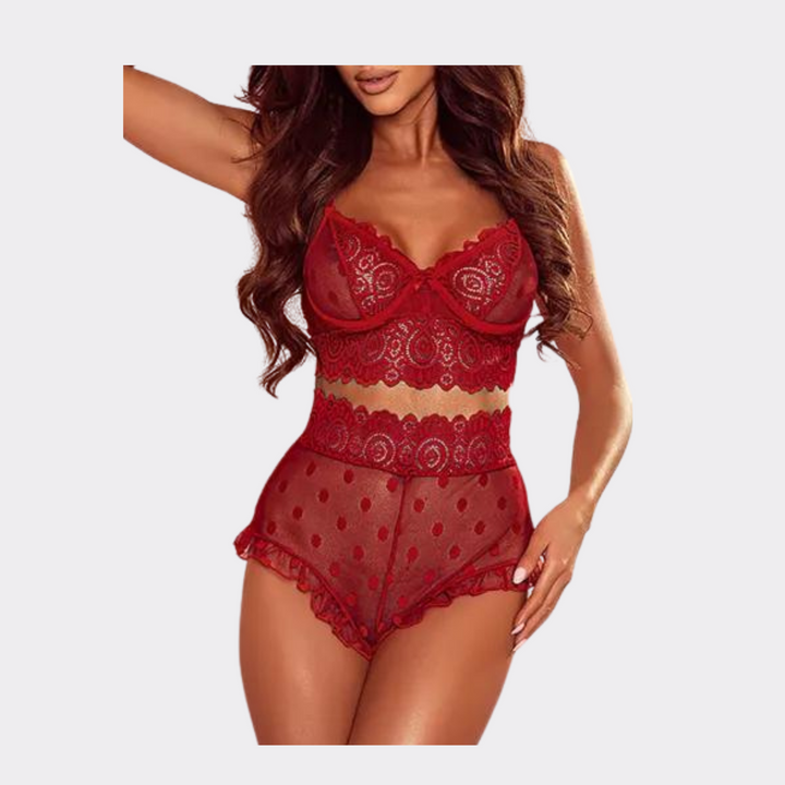 Sheer Lace Polka Dot Lingerie Set - Red