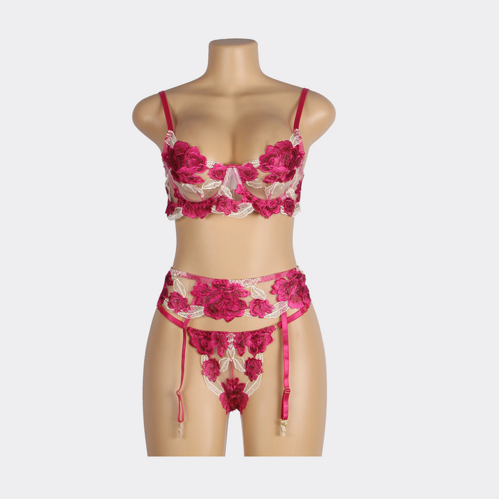 Floral Underwire Lingerie Garter Set - Dark Pink