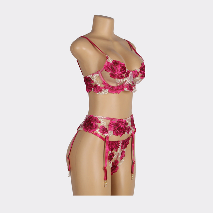 Floral Underwire Lingerie Garter Set - Dark Pink