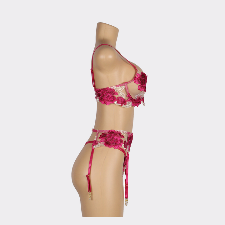 Floral Underwire Lingerie Garter Set - Dark Pink