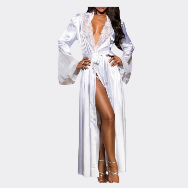 Long Glamour Silk Lace Robe - White