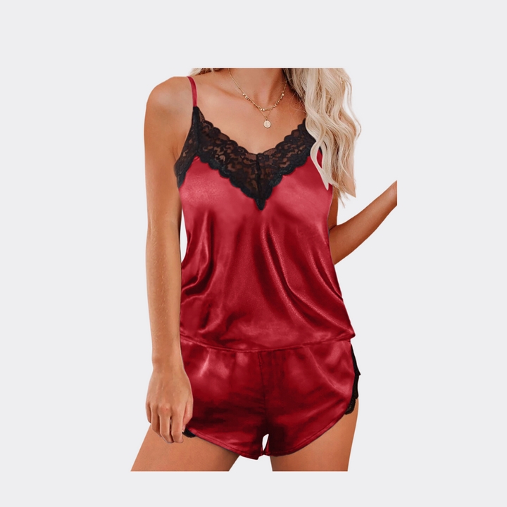 Silk Lace V Neck Pajama Set - Red