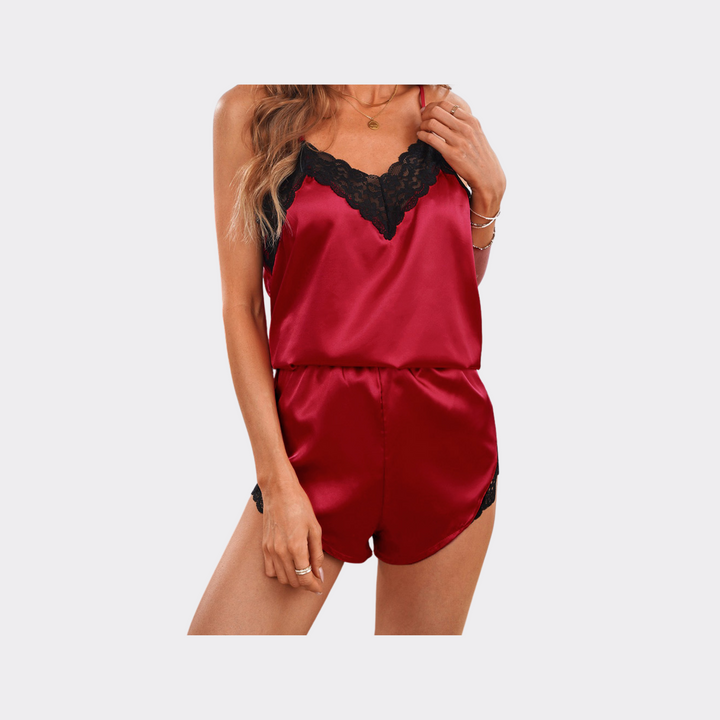 Silk Lace V Neck Pajama Set - Red