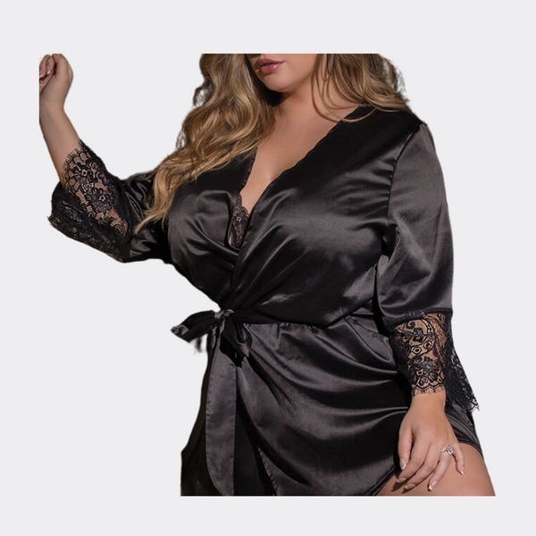 Satin Lace Sleepwear Lingerie Robe - Black