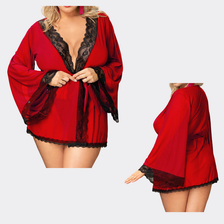 Sheer Lingerie Sleepwear Robe With Belt - Red