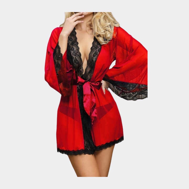 Sheer Lingerie Sleepwear Robe With Belt - Red