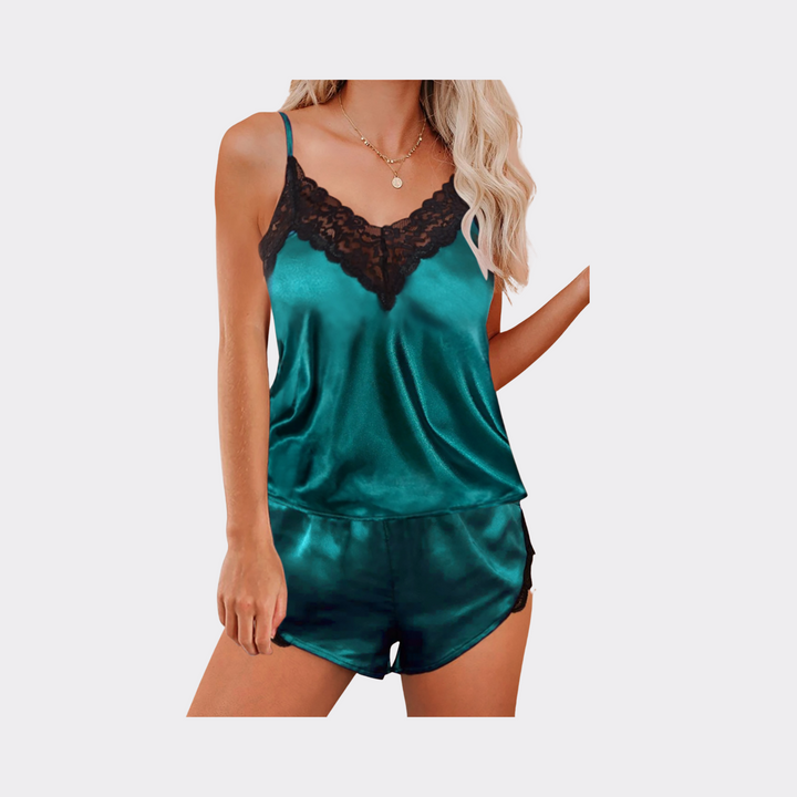 Silk Lace V Neck Pajama Set - Green