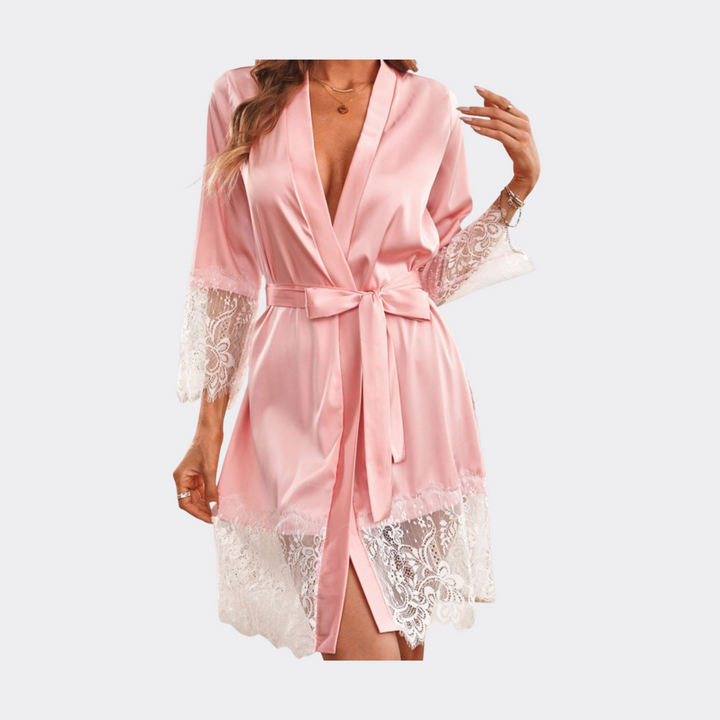 Kimono Satin Sleepwear Robe with Lace Trims - Pink