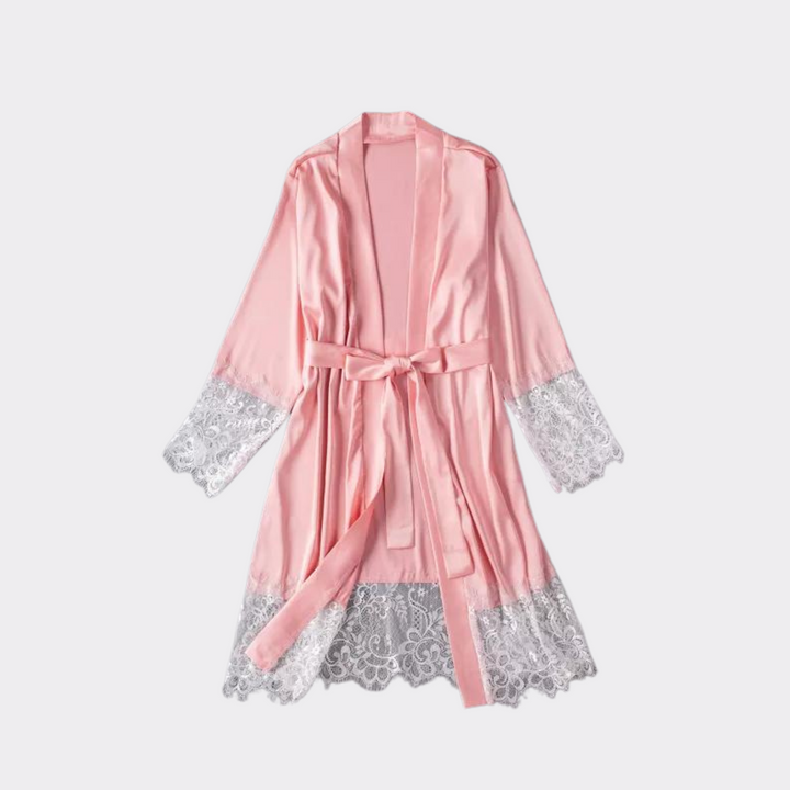 Kimono Satin Sleepwear Robe with Lace Trims - Pink