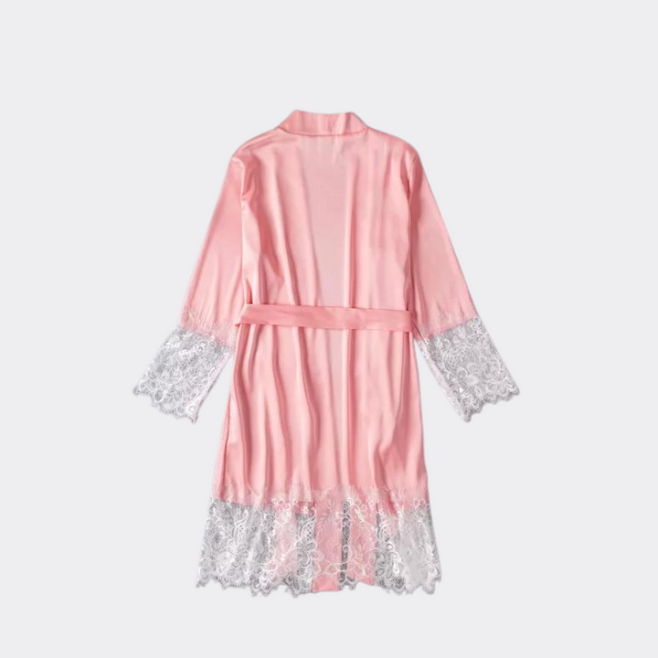 Kimono Satin Sleepwear Robe with Lace Trims - Pink