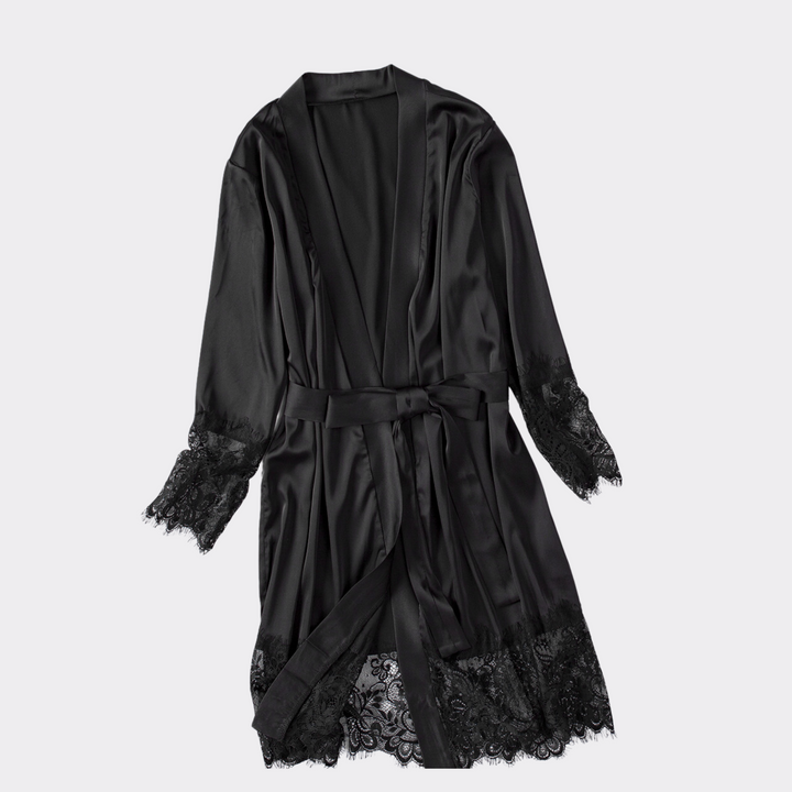 Kimono Satin Sleepwear Robe with Lace Trims - Black