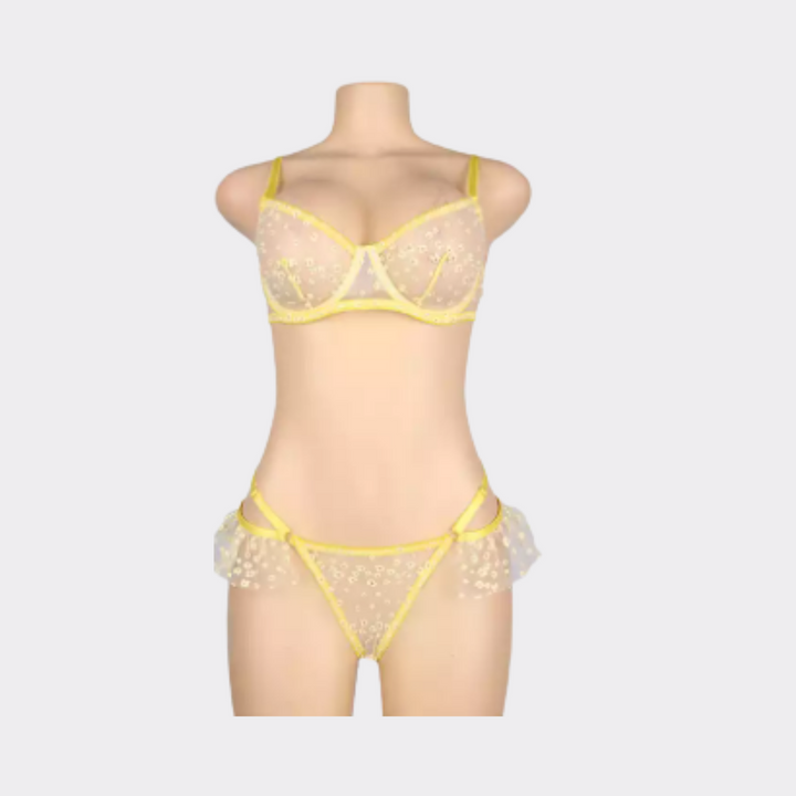 Transparent Floral Mesh Underwire Adjustable Lingerie Bra Set - Yellow