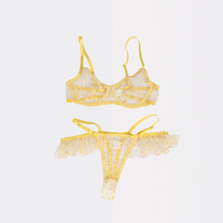 Transparent Floral Mesh Underwire Adjustable Lingerie Bra Set - Yellow