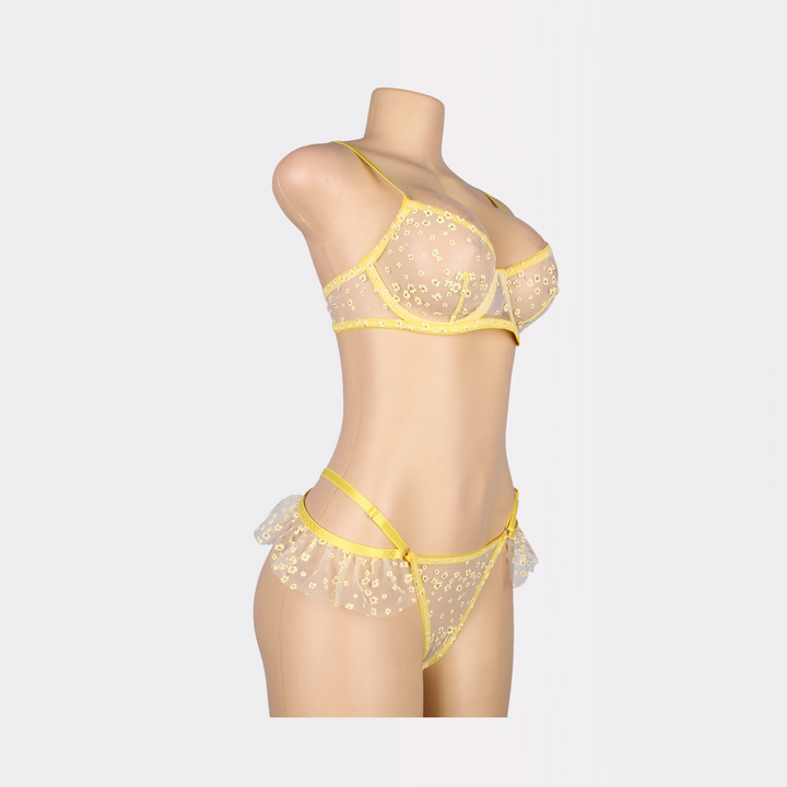 Transparent Floral Mesh Underwire Adjustable Lingerie Bra Set - Yellow