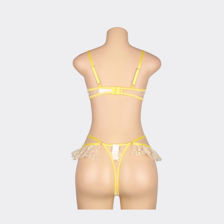 Transparent Floral Mesh Underwire Adjustable Lingerie Bra Set - Yellow