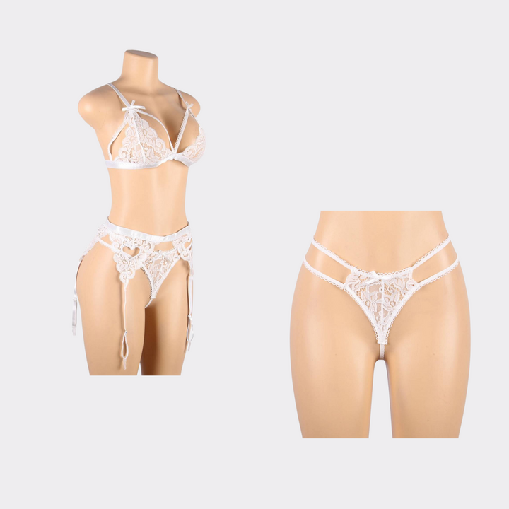 Three-piece Lingerie Set With Heart Garter - White