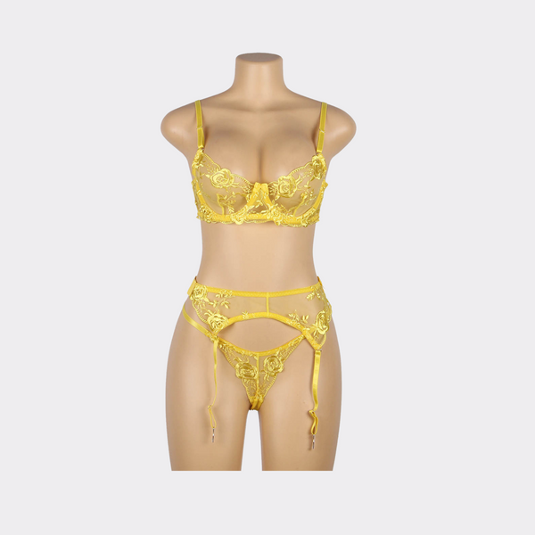 Floral Embroidery Garter Lingerie Set - Yellow