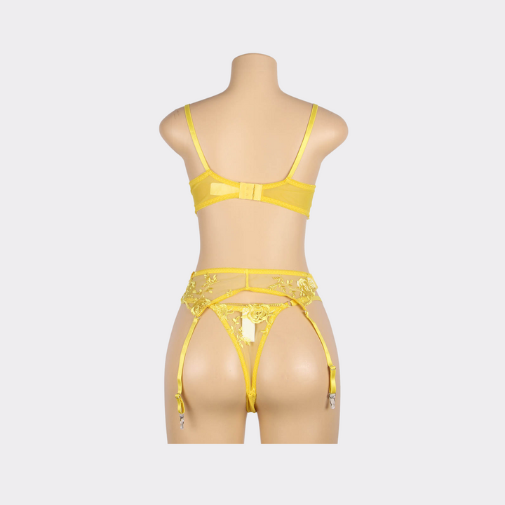 Floral Embroidery Garter Lingerie Set - Yellow