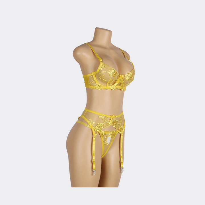 Floral Embroidery Garter Lingerie Set - Yellow