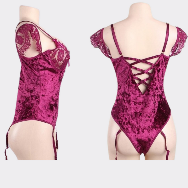 Off Shoulder Embroidery Sheer Lace Lingerie - Purple