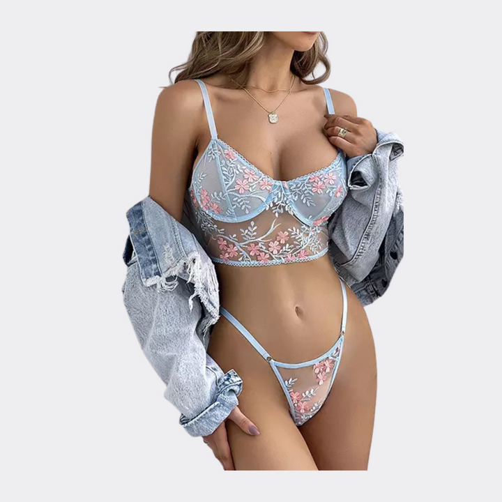 Floral Embroidery Balconette Bralette Lace Lingerie Set - Light Blue