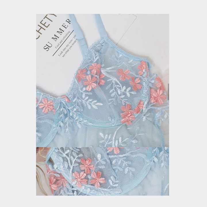 Floral Embroidery Balconette Bralette Lace Lingerie Set - Light Blue