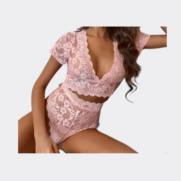 High Rise Floral Lace Lingerie Set - Pink