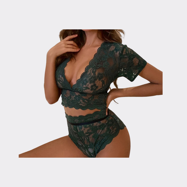 High Rise Floral Lace Lingerie Set - Green