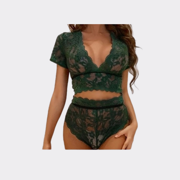 High Rise Floral Lace Lingerie Set - Green