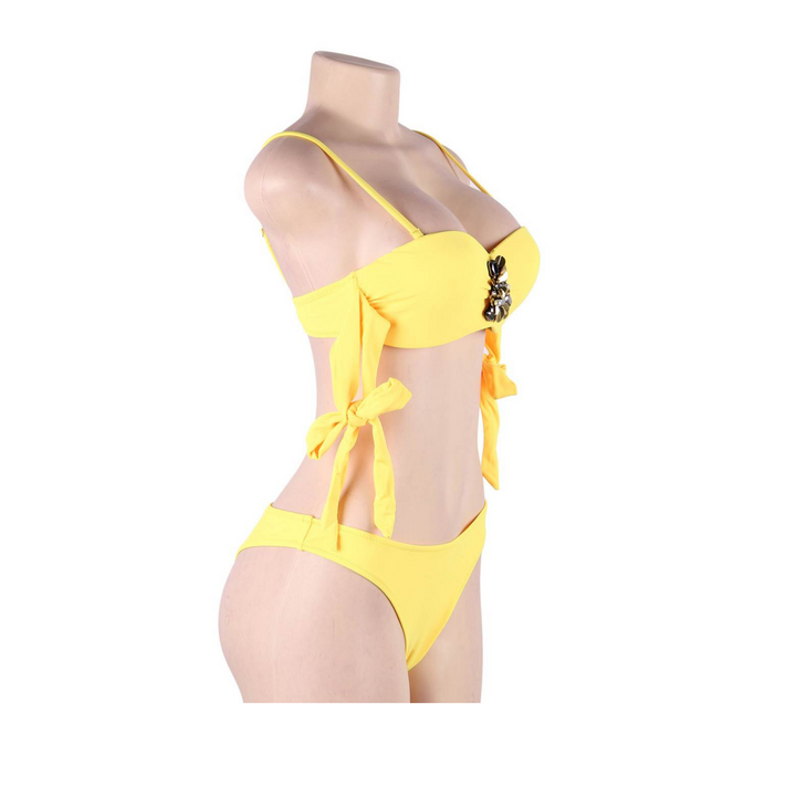 Rhinestone Sexy Summer Bikini Set - Yellow