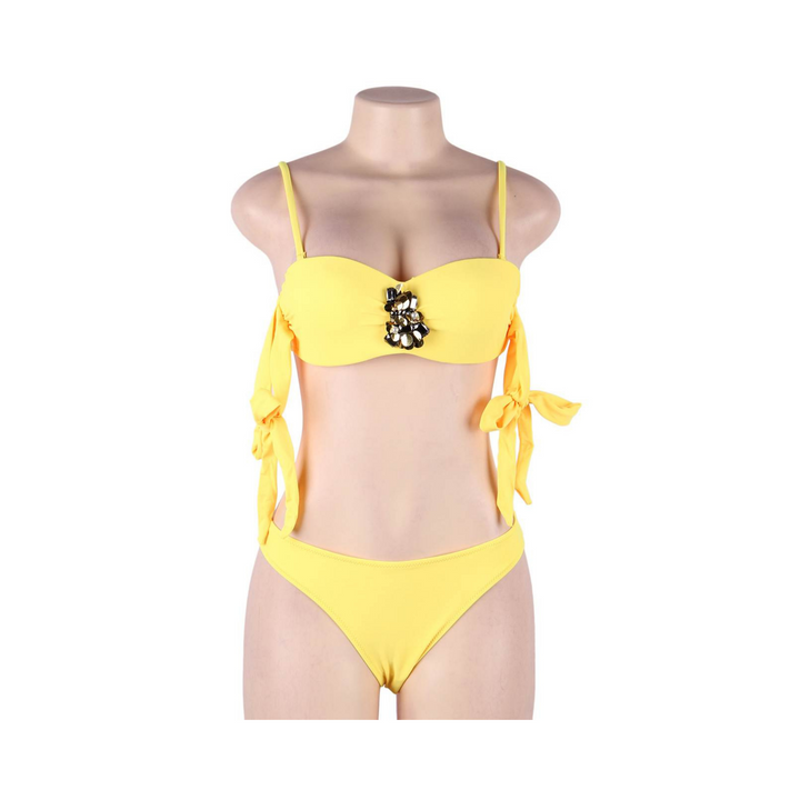 Rhinestone Sexy Summer Bikini Set - Yellow