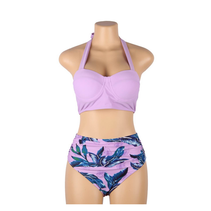 Tropical Print Push Up Bikini Swimsuit Set - Purple